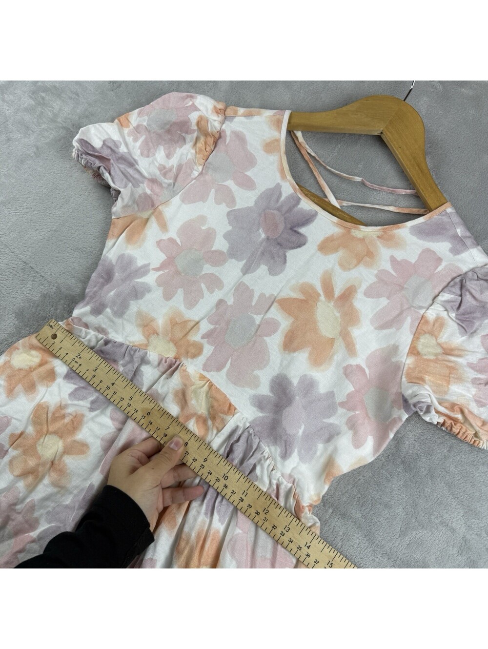 Sunday Best Women Size 2 Floral Linen Cotton Puff Sleeve Mini Dress Pastel Soft - Picture 6 of 10